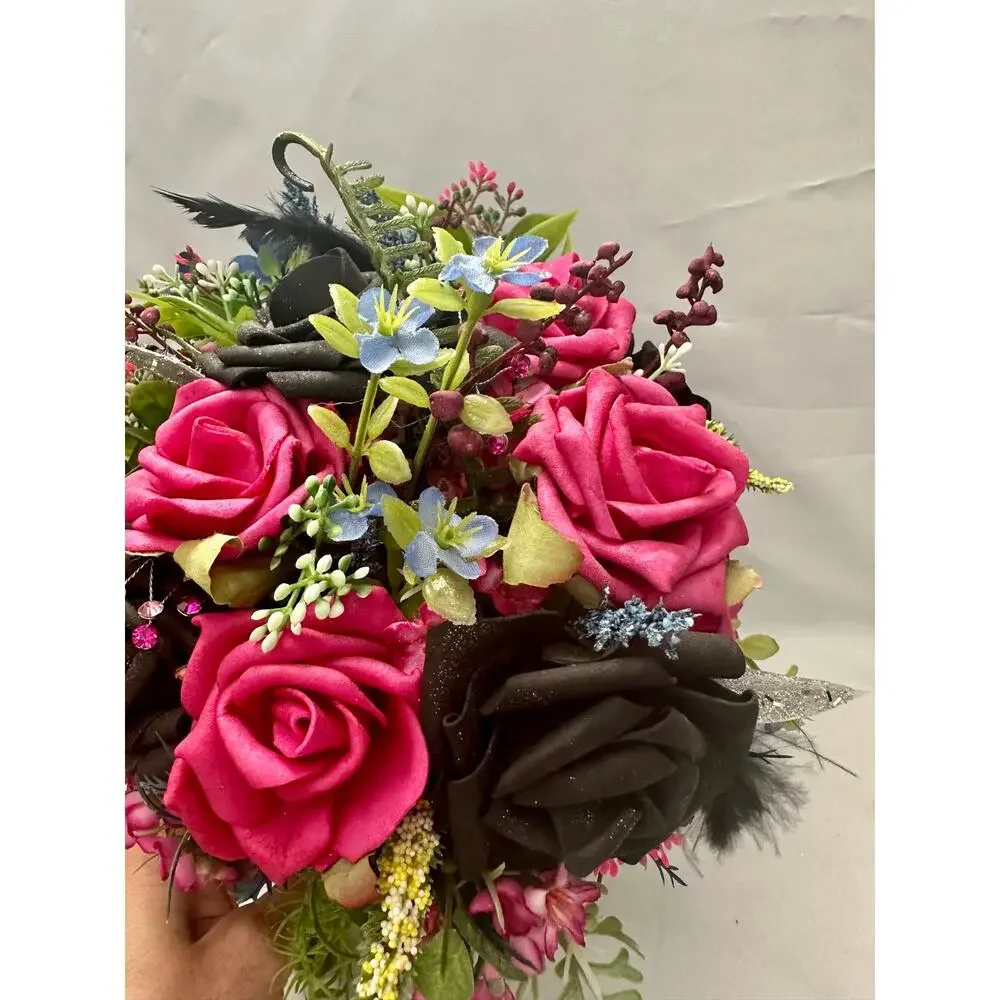 Homecoming prom floral bouquet artificial pink black blue feathers greensilver